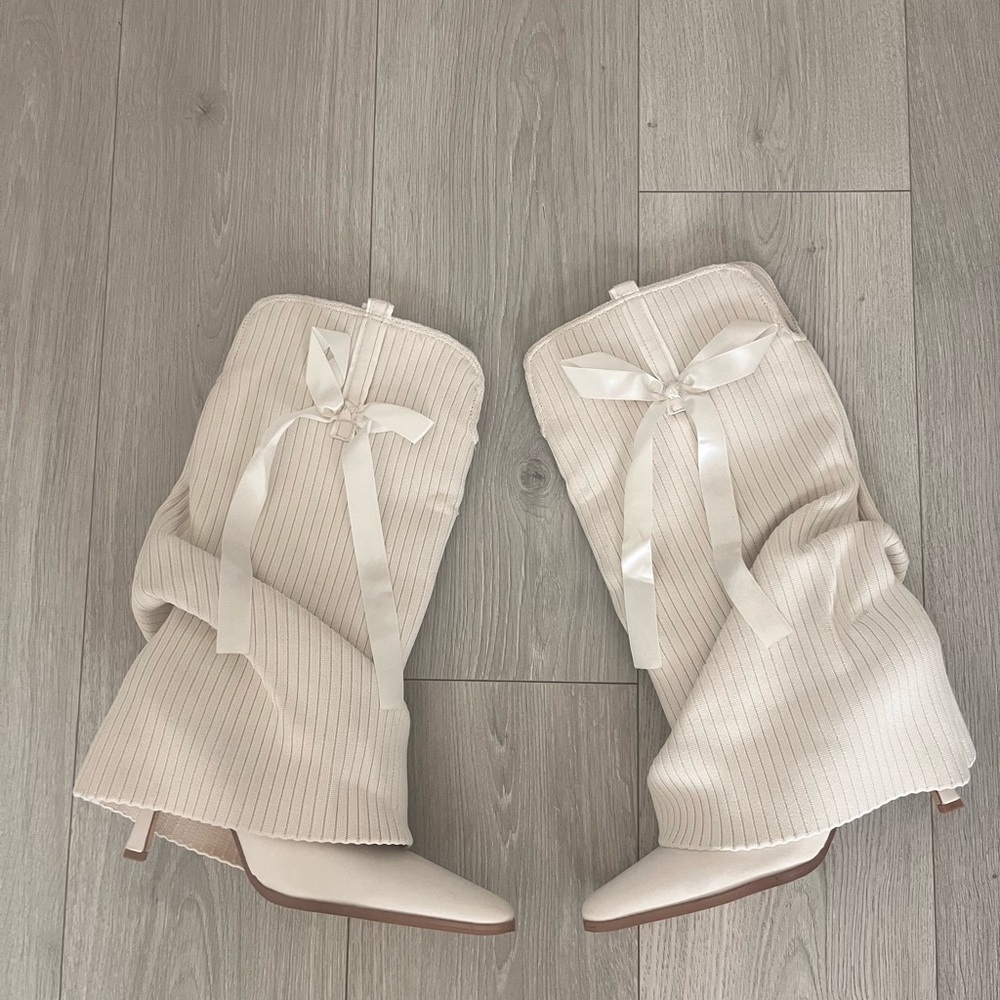 Princess Polly Cream Heeled Boots with Ribbon Detail